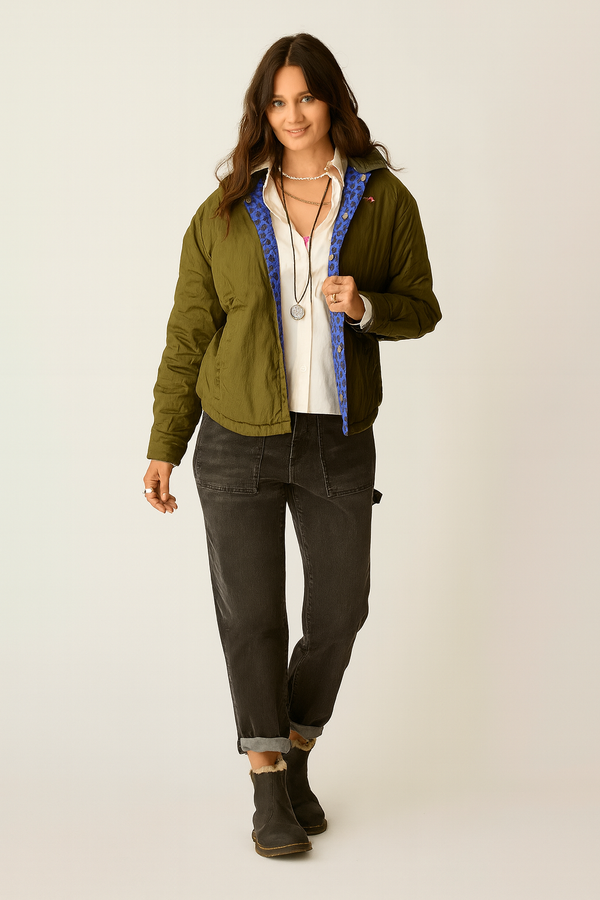 Front view womens olive green casual jacket lightweight outerwear