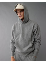 Side view of AE Heavyweight Hoodie in grey fleece