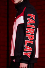 mens athletic zip jacket black red white fairplay print sleeve side view sporty fashion