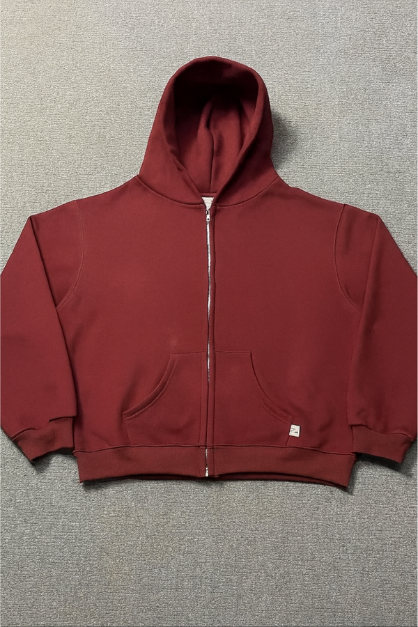 Akimbo burgundy zip up hoodie front view