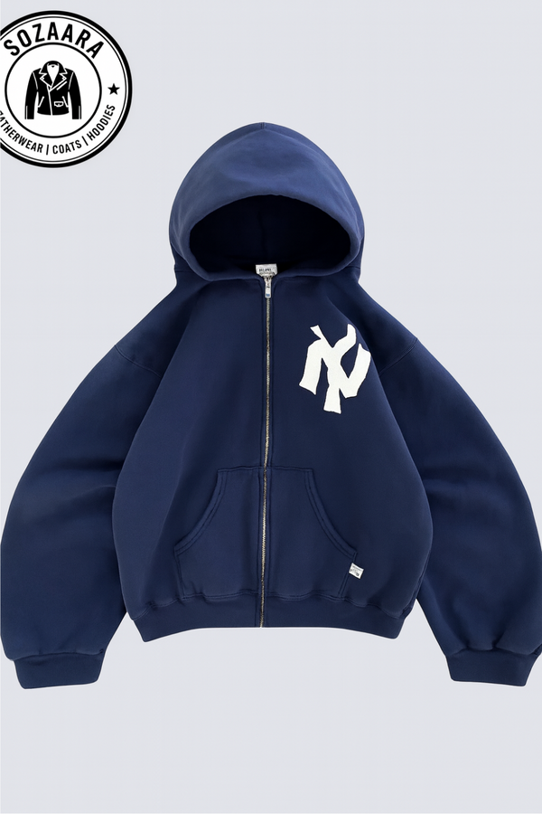 Akimbo Club NY hoodie front view in navy blue