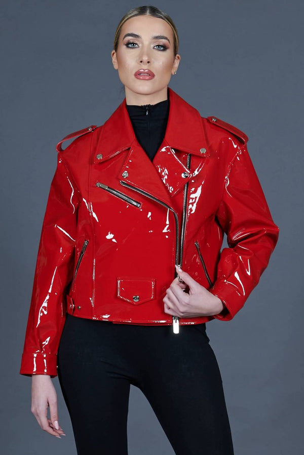 Arah oversize biker jacket in laminated red leather front view