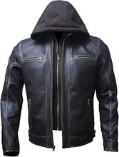 Back view of men’s black leather jacket with hood zipper closure