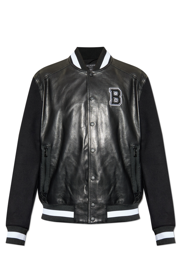 Balmain Black Bomber Jacket front view stylish leather varsity coat