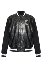Balmain Black Bomber Jacket front view stylish leather varsity coat