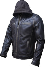 Biker style men’s black leather jacket with hood full body look