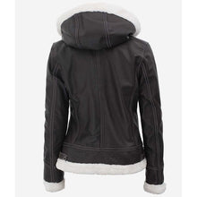 Women black shearling jacket back view winter wear