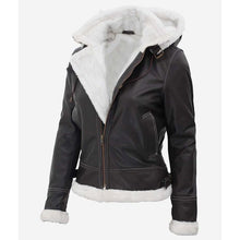 Close up of black leather shearling jacket details
