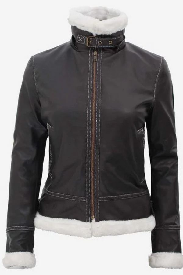 Black leather shearling jacket for women front style
