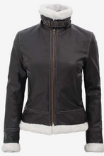 Black leather shearling jacket for women front style