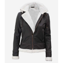 Stylish black leather shearling jacket side look for women