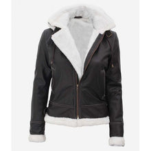 Black shearling leather jacket with hood for women