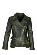 Close up of distressed leather texture and belt on women biker jacket