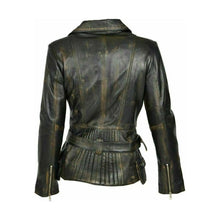 Stylish brown distressed women biker jacket side profile with pockets