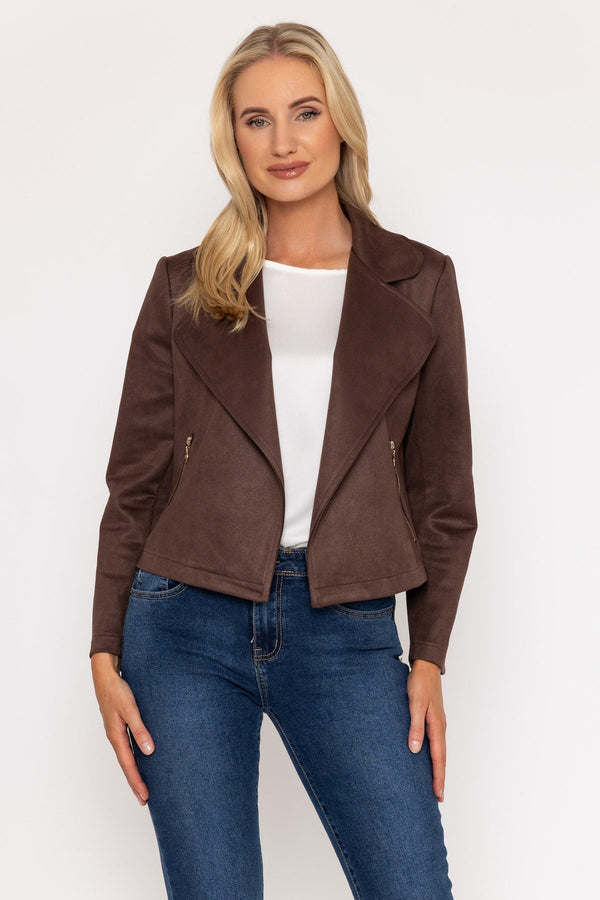 Brown suede jacket cover up for women front view