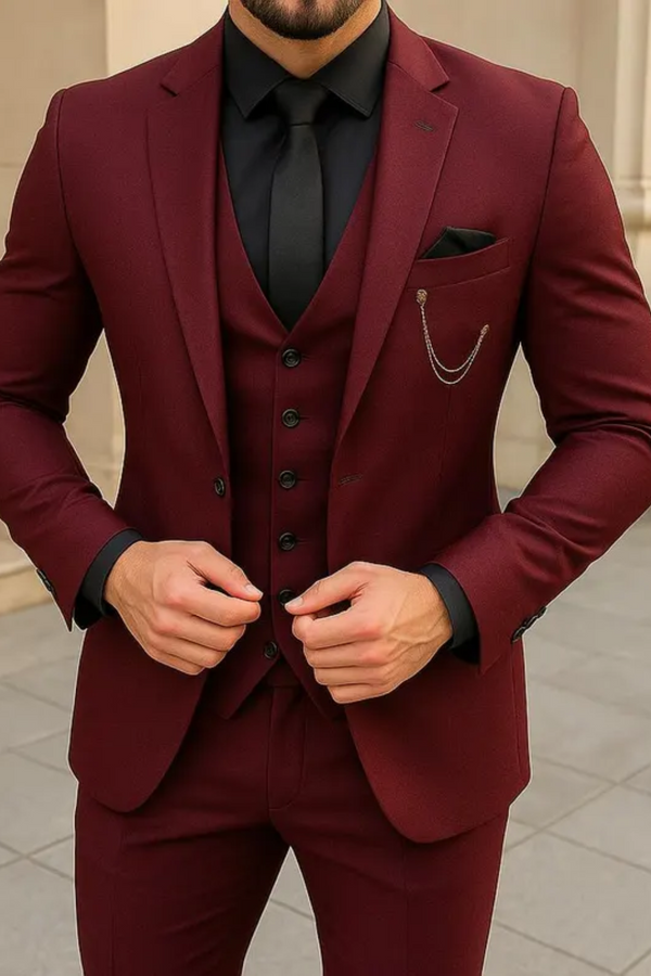 Classy three piece burgundy mens suit front view for wedding and prom