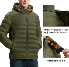 Close up hood design of men’s olive green puffer jacket