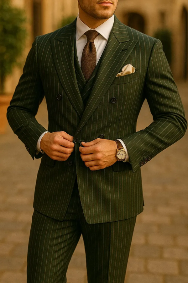 Double breasted striped green 3 piece slim fit suit for men front view
