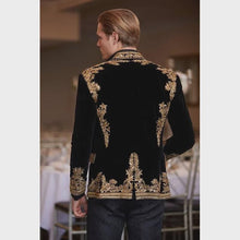 Back view of men’s handcrafted black velvet embroidered tuxedo jacket