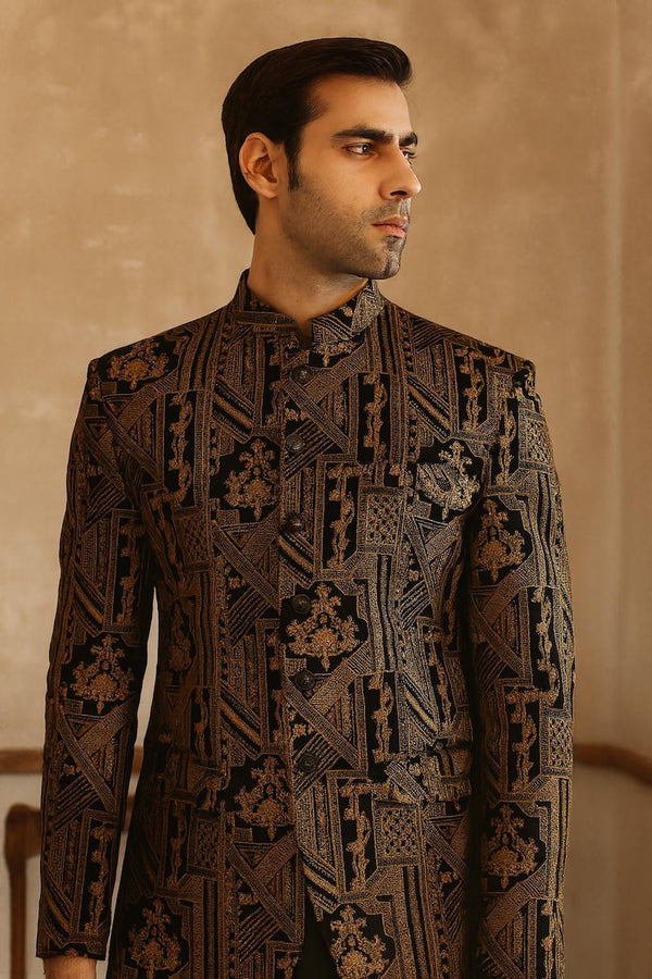 handmade black gold embroidered prince coat for men front view