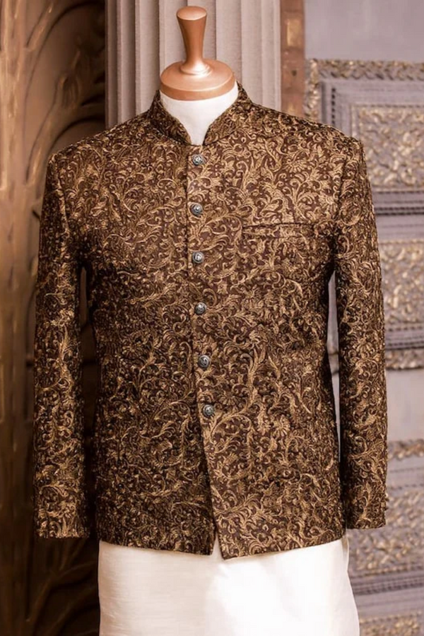 Handmade brown and gold embroidered prince coat for men front view
