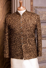 Handmade brown and gold embroidered prince coat for men front view