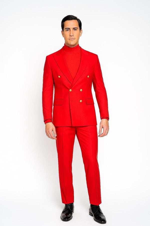 Handmade red double breasted 2 piece suit for men front view