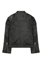 Close up genuine leather jacket handmade with stripe detail