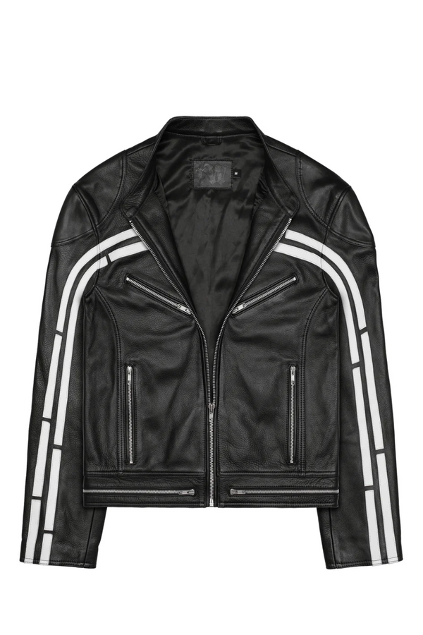 Handmade track leather jacket black with white stripes front view