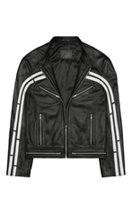 Handmade track leather jacket black with white stripes front view