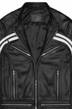 Premium black leather track jacket zipper and pocket detail