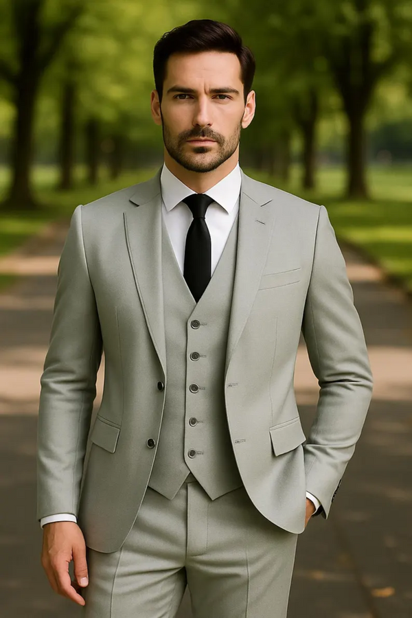 Men’s light grey slim fit 3 piece double breasted suit front view
