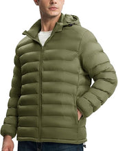 Side pose of lightweight warm olive green puffer jacket for men