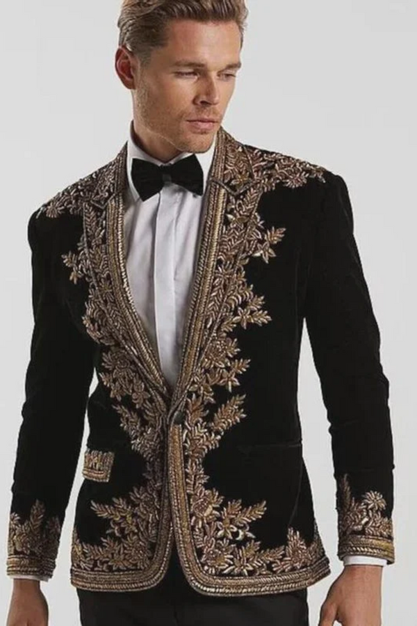 Luxury men’s black velvet embroidered tuxedo blazer front view