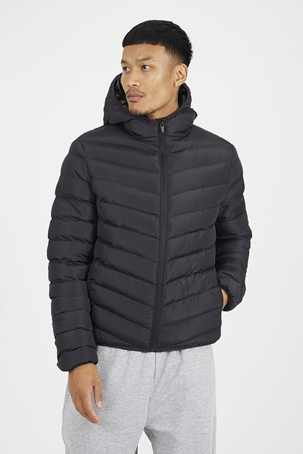 Men’s Black Hooded Puffer Jacket lightweight winter coat front view