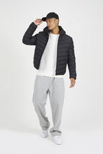 Men’s Black Hooded Puffer Jacket close up quilted design with hood