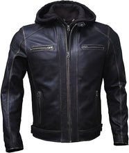 Casual wear men’s black leather jacket with hood and pockets