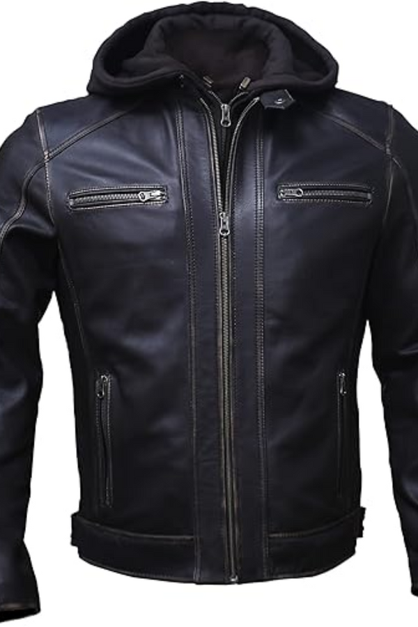 Men’s black leather jacket with hood front view