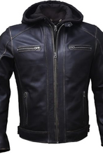 Men’s black leather jacket with hood front view