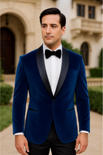 Men’s blue slim fit velvet tuxedo jacket front view