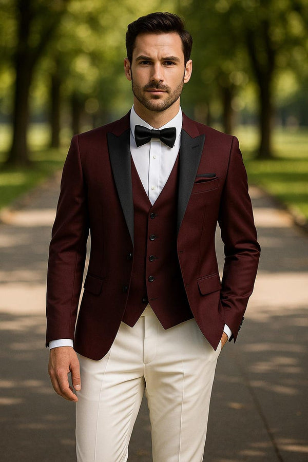 mens burgundy and white 3 piece suit wedding groom front view