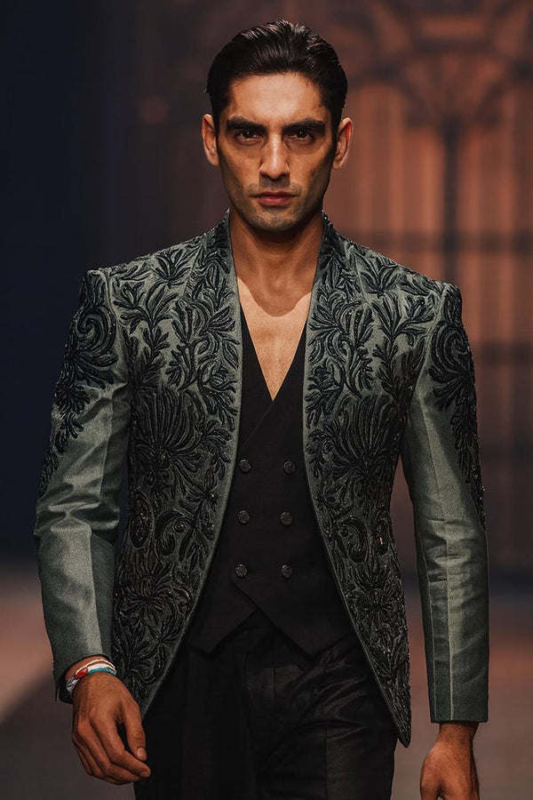 Men’s designer embroidered tuxedo blazer luxury green black formal jacket front view