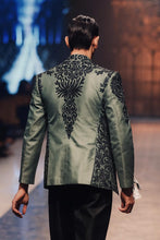 Men’s luxury embroidered tuxedo blazer green black jacket runway model outfit