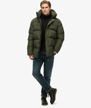 Men’s olive green long puffer jacket back view windproof winter wear