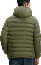 Back view of men’s olive green hooded puffer winter jacket