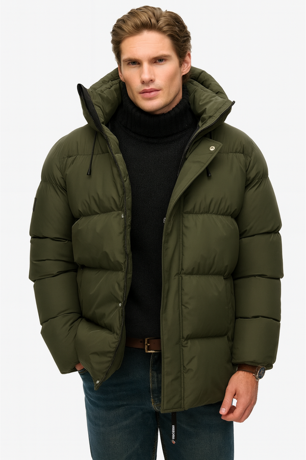 Men’s olive green long puffer jacket front view winter warm windproof