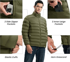 Men’s lightweight olive green puffer jacket for winter wear