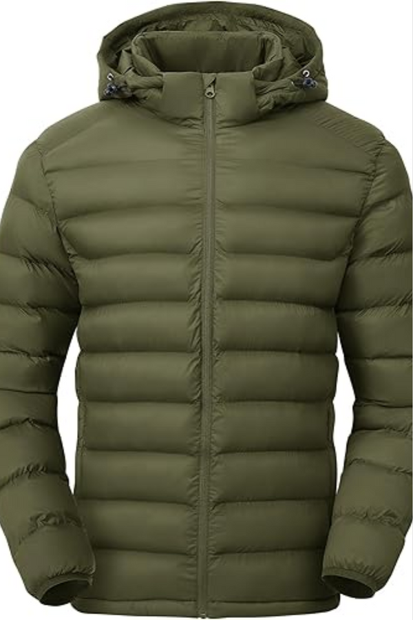 Men’s olive green puffer jacket with hood front view