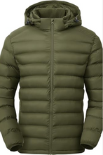 Men’s olive green puffer jacket with hood front view