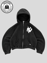 Navy blue Akimbo Club NY hoodie with zip up design